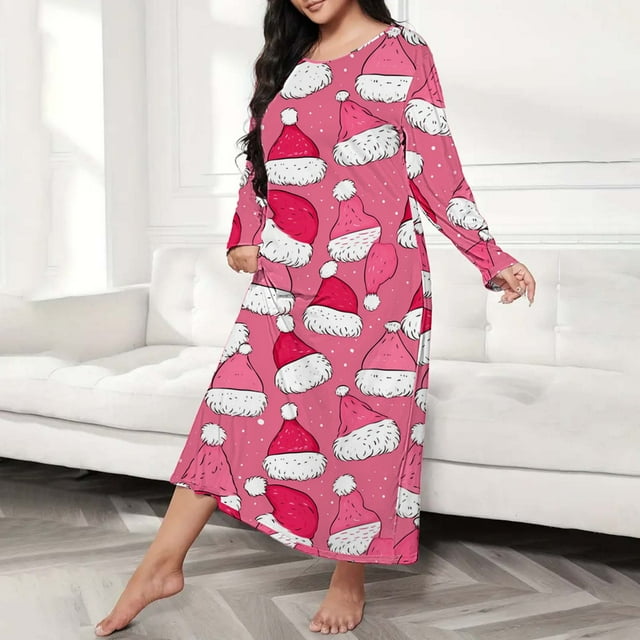 siminseming Chemises de Nuit de Noël pour Femmes & Chemises de Nuit Grande Taille Robe de Nuit Décontractée Imprimé de Noël Mignon Manches Longues Col Rond Extensible Ample Vêtements Chaussures & Accessoires