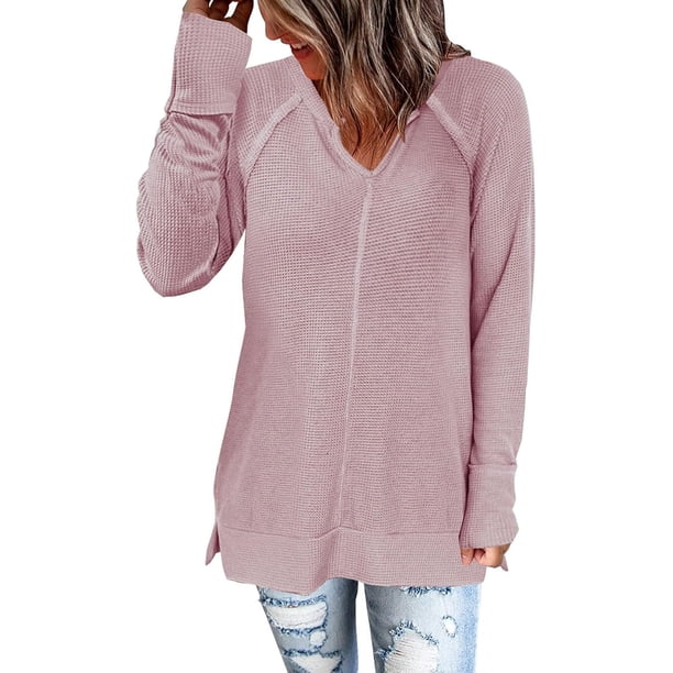 Blusas tipo túnica de punto gofre de manga larga para mujer, camisas casuales con cuello en V, suéteres holgados