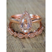 Sale on 2 carat Pear shape Morganite and Diamond Halo Bridal Wedding Ring Set Antique Vintage Design Milgrain in Rose Gold for Women