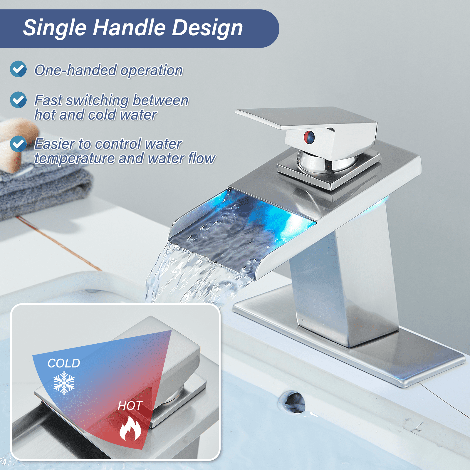 Zovajonia LED Waterfall Bathroom Faucet Brushed Nickel Single Handle Basin Sink Mixer Tap