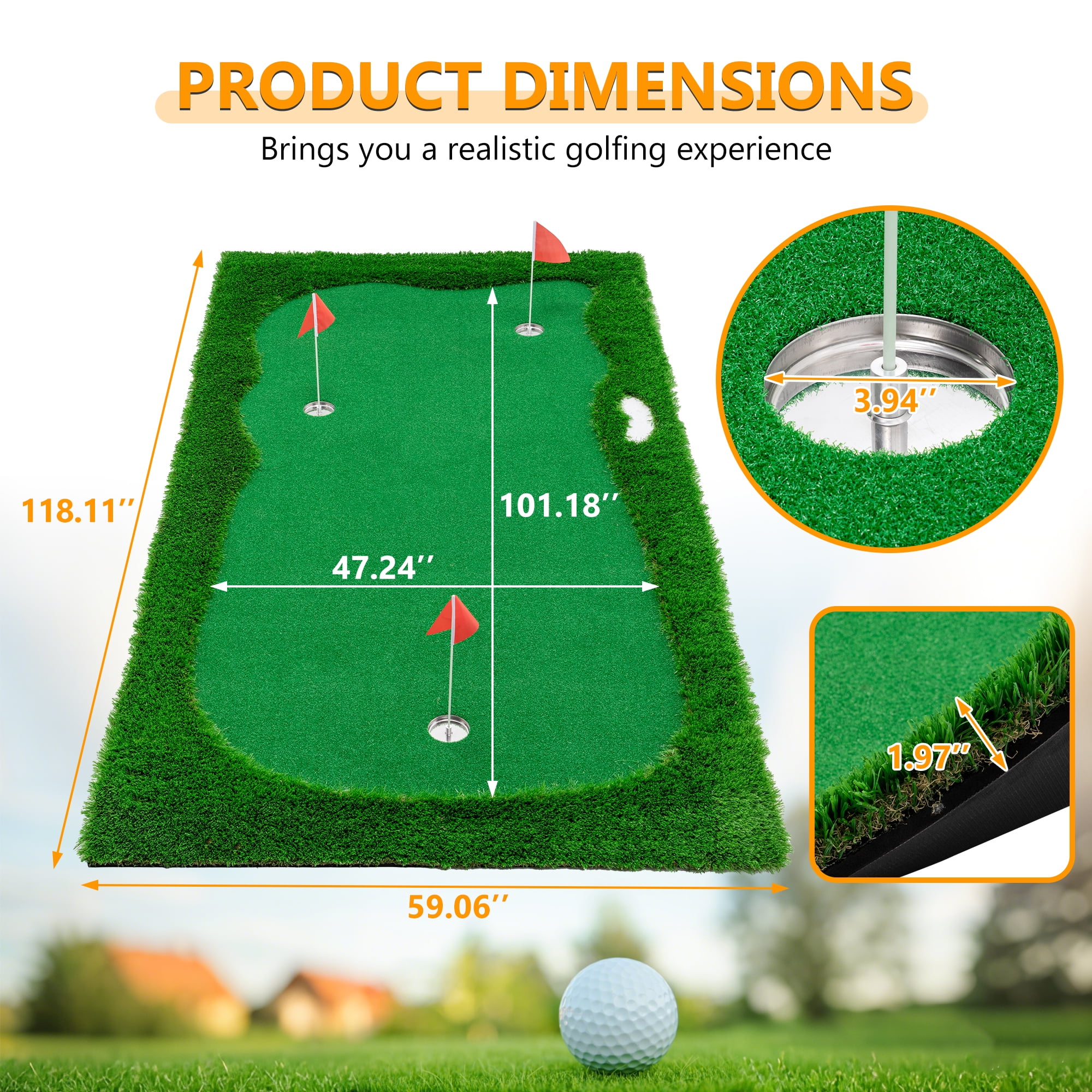 EUROCO 10x5FT Golf Putting Green, Indoor/Outdoor Golf Training Mat, Professional Golfing Practice with 3 Holes, 3 Flags and Cup