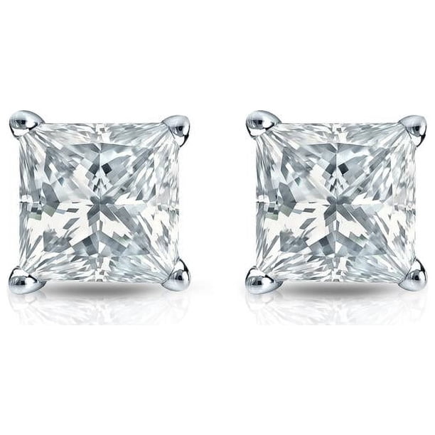 JeenMata Pendientes Tipo Botón Solitario con Diamante de Talla Princesa de 1 Quilate y 4 Puntas, Chapado en Oro Blanco de 18 K sobre Plata