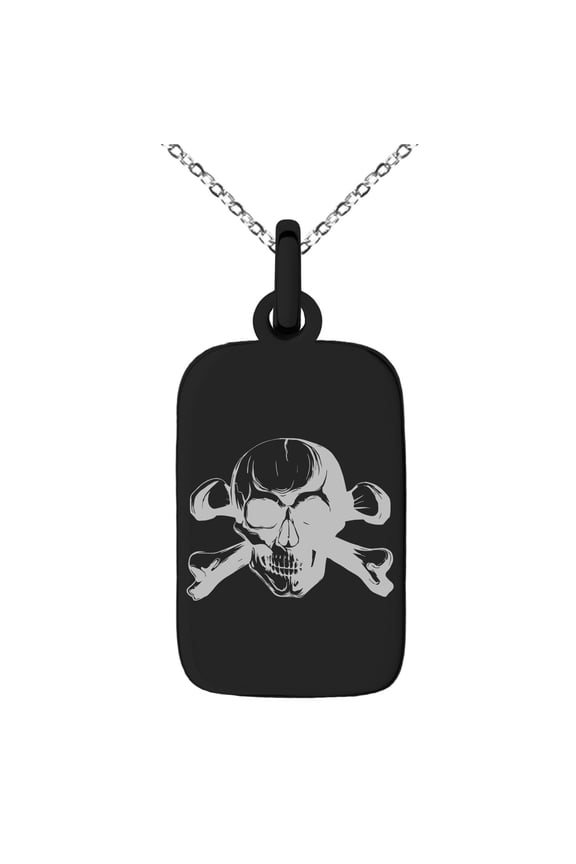 Stainless Steel Iconic Pirate Crossbones Skull Engraved Small Rectangle Dog Tag Charm Pendant Necklace
