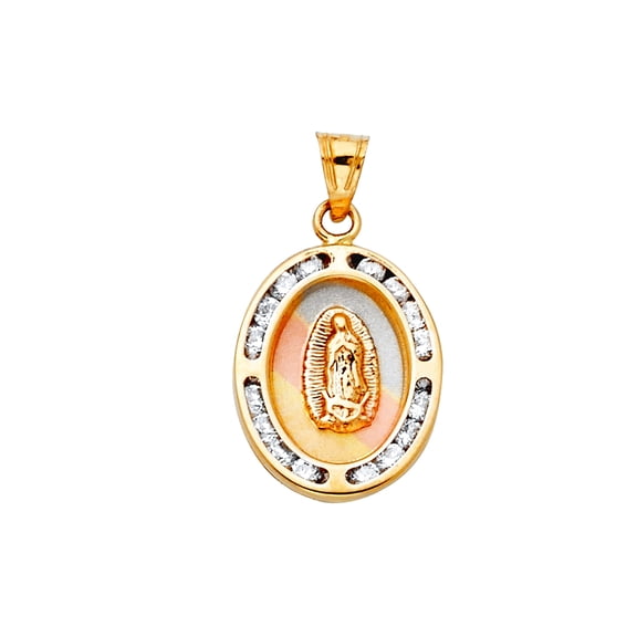 14k Yellow Gold White Gold and Rose Gold Cubic Zirconia Virgen De Guadalupe Pendant Necklace 13x20mm Pendant for Women