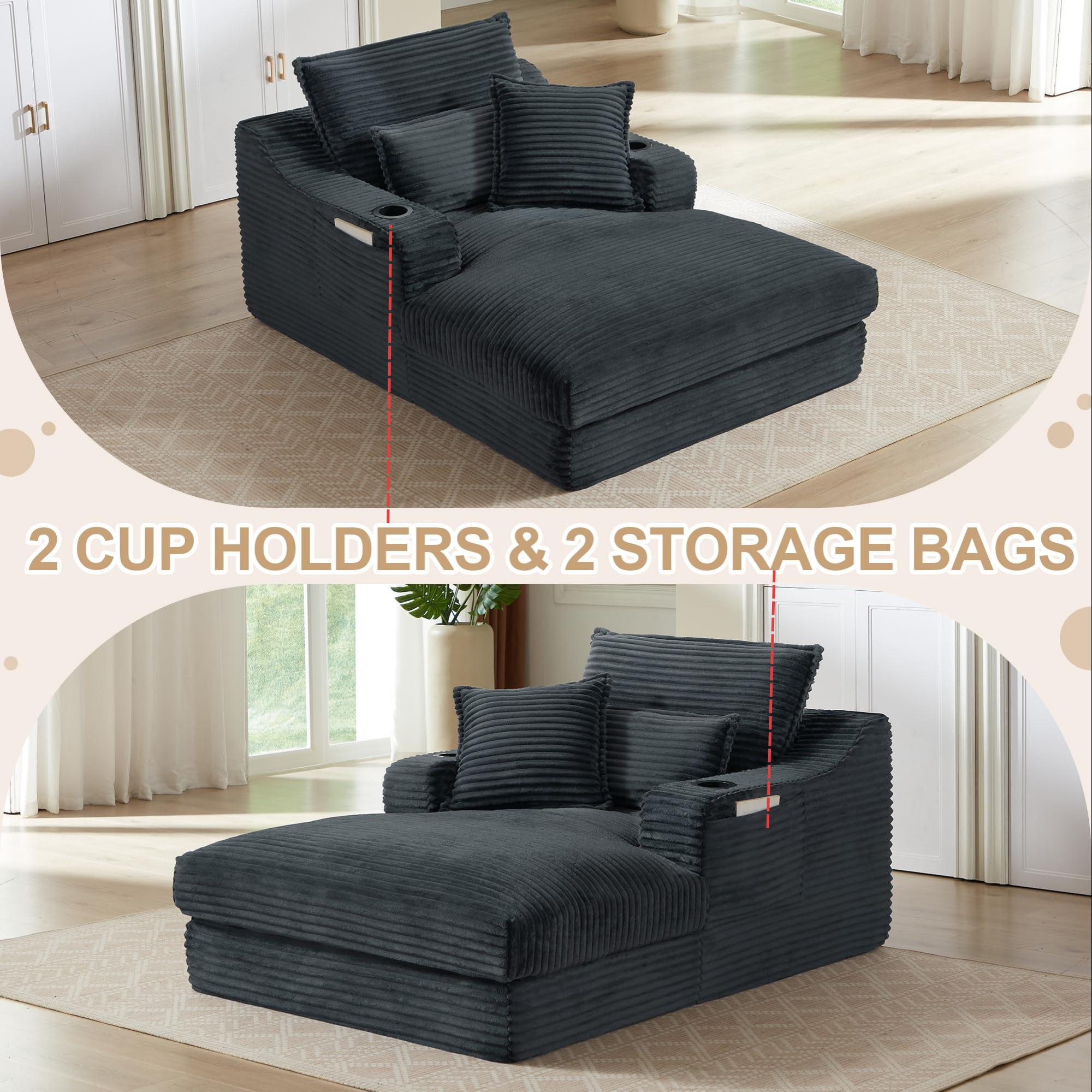 Aukfa 68" Oversized Chaise Lounge Chair with 2 Cup Hoders&Side Pockets, 3Pillows, Corduroy, Gray