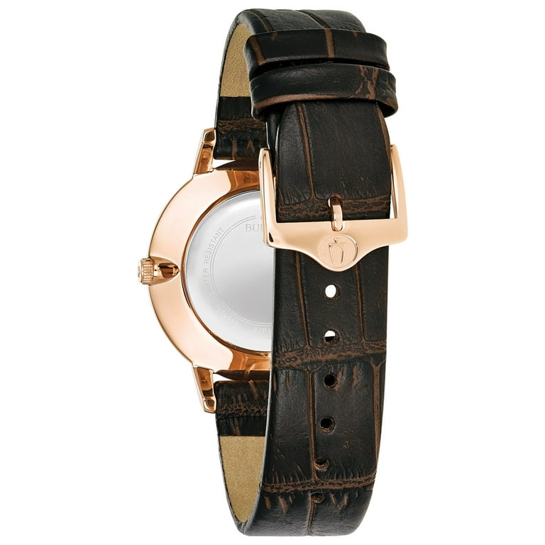 Bulova Women s Classic Champagne Dial Brown Leather Strap Diamond Watch 97P122