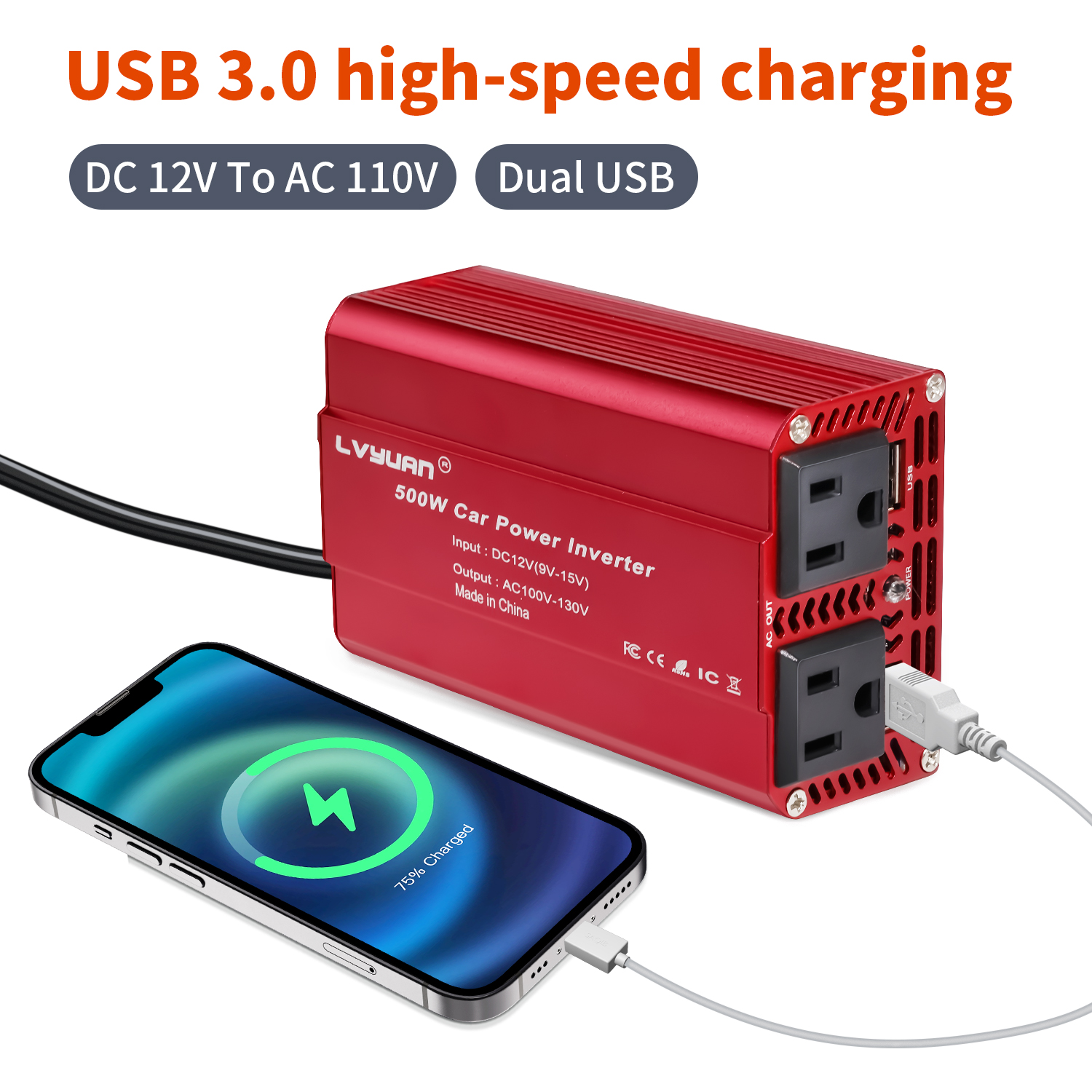 EFFORTWAY 500 Watts Power Inverter Car Converter DC 12V to AC 110V 120V Adapter Battery Charger for Car 2AC 2USB Red