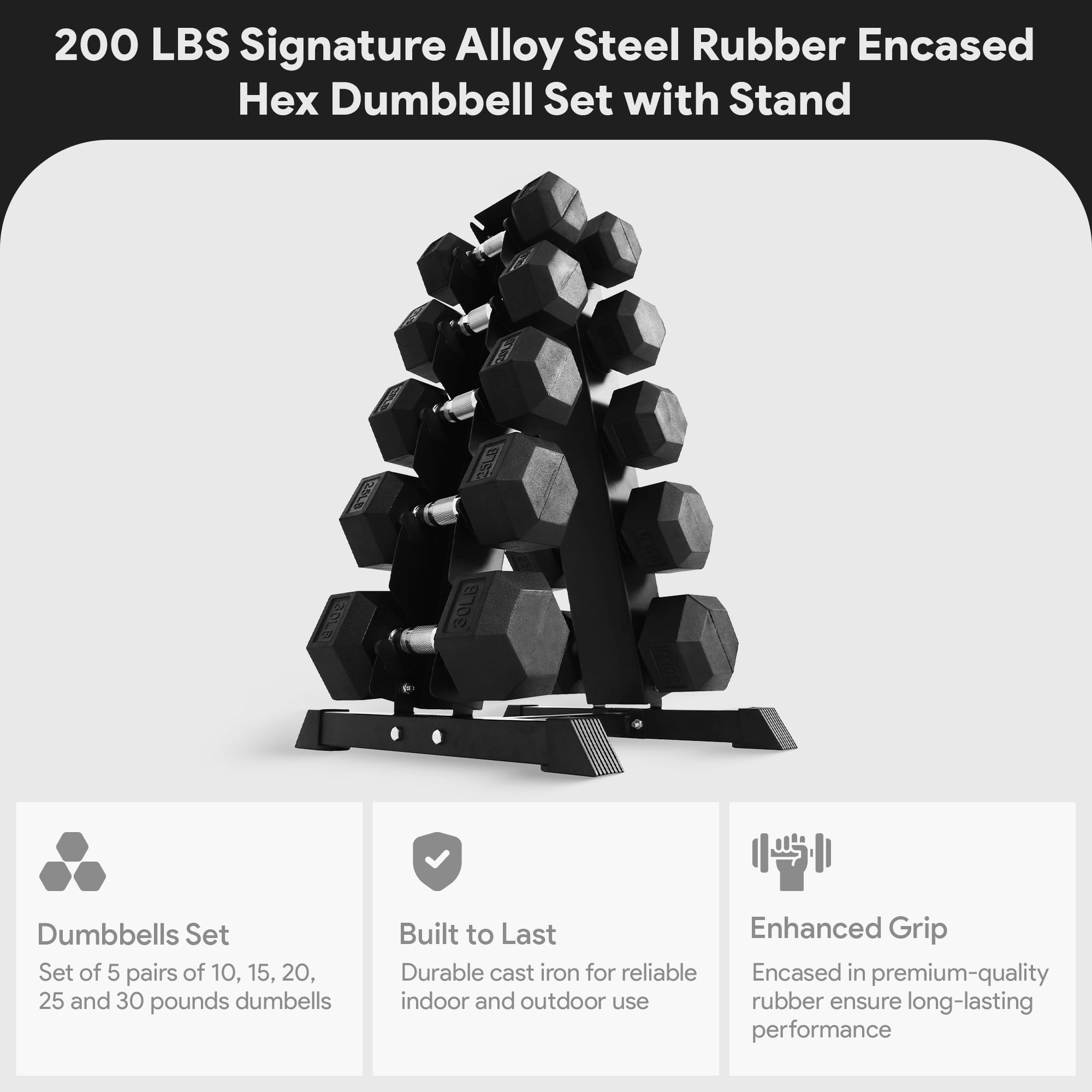 BalanceFrom Rubber Coated Iron Dumbbell Hex Weights Set with A-Frame Rack, Black