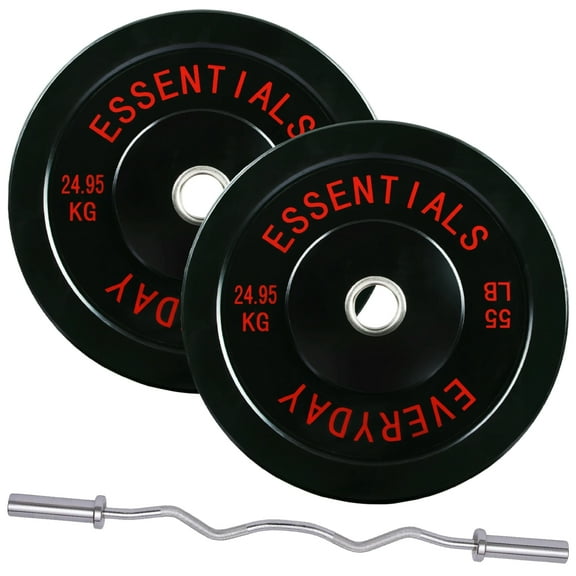 FlexWave 55LB Curl Barbell Set with 4FT EZ Bar and Pair of 15LB Rubber-Coated Weight Plates, Home Strength Training Kit