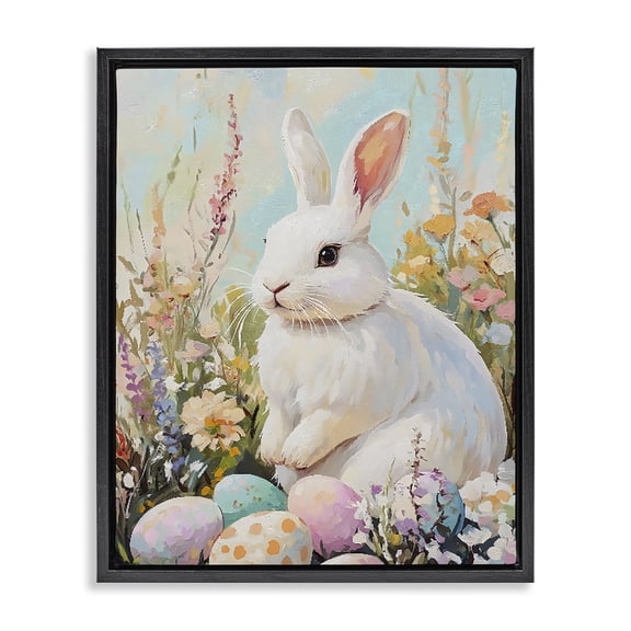 Stupell Industries Traditional White Easter Bunny in Wildflowers Black Floating Frame Canvas Art, 17 x 21, by The Prints Vibe
