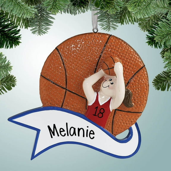 Personalized Basketball Girl with Large Banner - Brown Christmas Ornament - Shooting - Dribbling - Passing - Sharp Shooter - Team Gift Ideas
