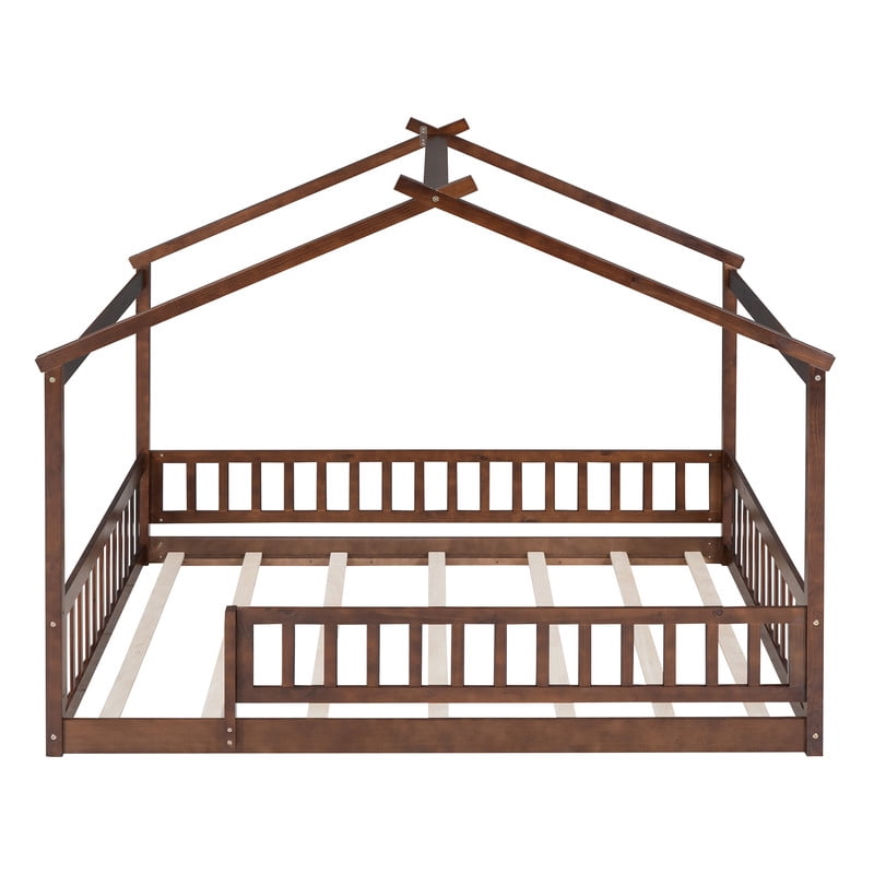Full Size Wood House Bed with Fence and Roof Frame, Kids Floor Montessori Bed with Safety Guardrails, Sturdy Pinewood Playhouse Bed for Boys Girls