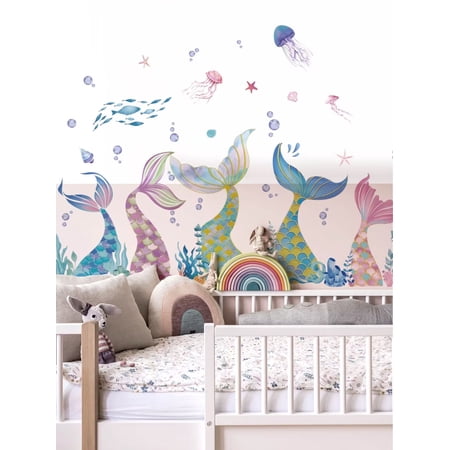 DIY Mermaid Tail Wall Stickers Under The Sea Mermaid Bubble Seaweed fish Wall Stickers Peel and Stick Wall Art Decals for Baby Nursery Girls Bedroom Bathroom