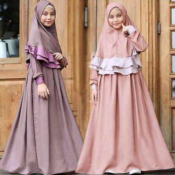 Girls Spring Outfits Kids Dubai Traditional Robe Long Sleeve Dress with Headscarf Ramadan Set Girl Clothes Purple 2-3 Years