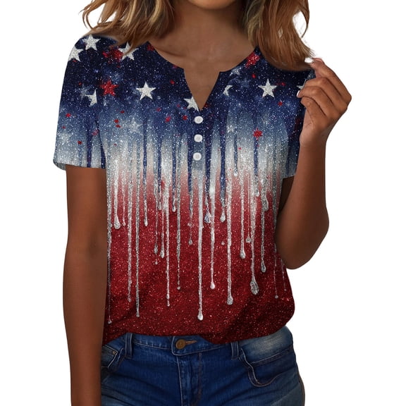 Women's America 250 Usa Shirt Stars Striped American Flag Print Button Down V Neck Patriotic Tees for Celebrate 250th Anniversary Of America