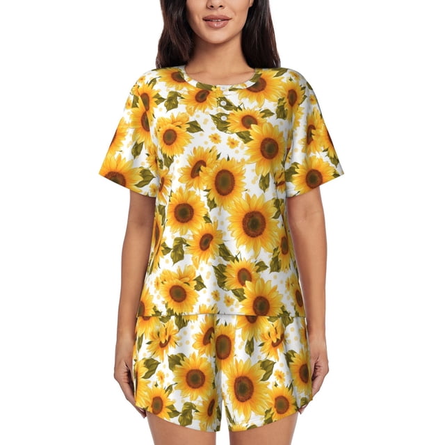 Xecao Modern Elegant Sunflower Pattern Women's Short Sleeve Pajama Set Soft Sleepwear Lounge Set with Button Front Top and Drawstring Shorts with Pockets-XX-Large