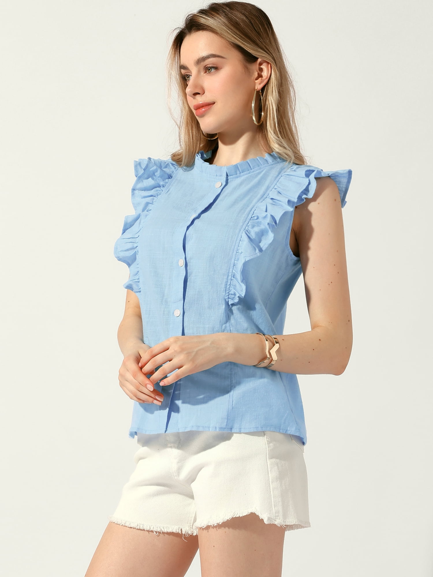 DARING DIVA Women's Ruffle Blouse Crew Neck Sleeveless Blouses M Sky Blue