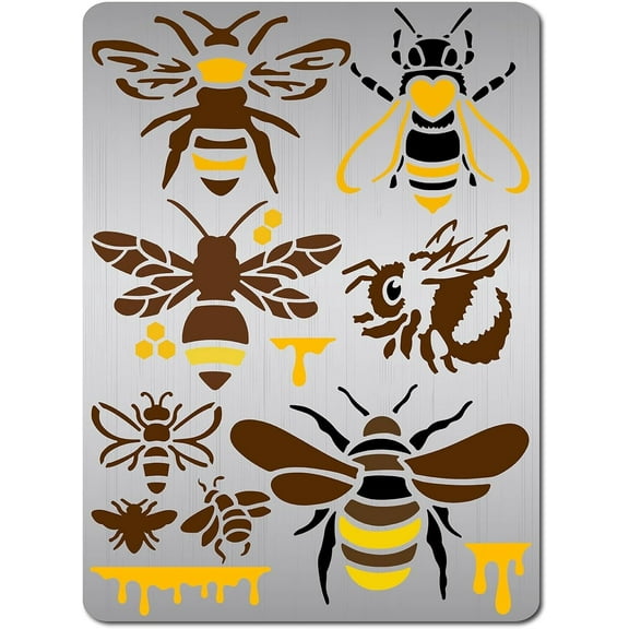 8 Styles Bee Stencils Reusable Metal Honeycomb Honey Stainless Steel Templates for Painting on Wall Furniture Fabrics Scrapbooking Wood Burning Pyrography Engraving Art Crafts