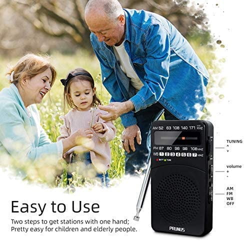 PRUNUS J-166 Small AM FM Radio Portable Transistor Radio Battery Operated Pocket Radio with NOAA Weather Band Tuning Light Back Clip Excellent Reception for Outdoor & Indoor & Emergencies