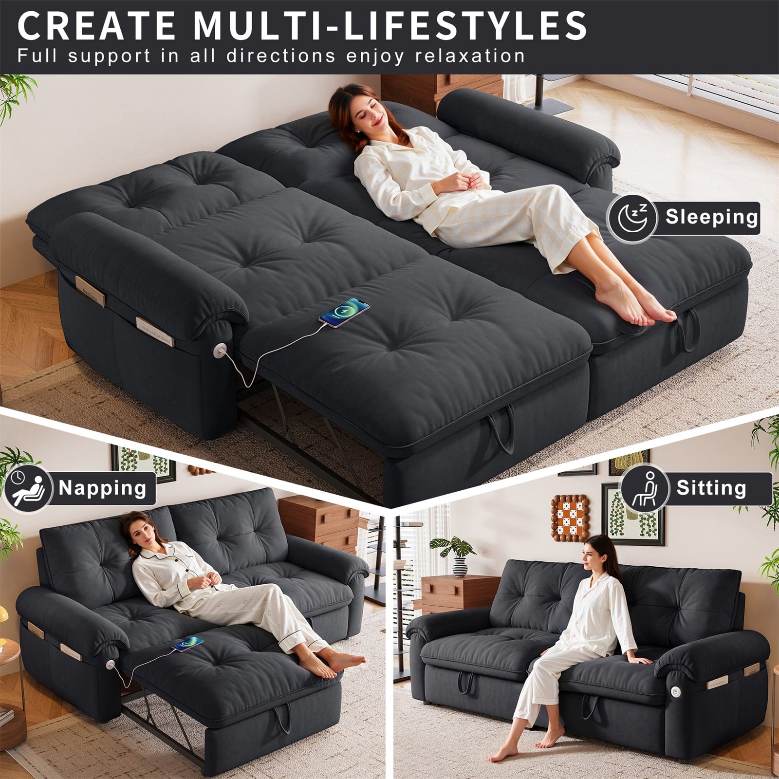 Hommoo 70" Convertible 2-in-1 Pull Out Couch Bed, Multi-Functional Velvet Loveseat Sleeper Sofa Bed, Gray