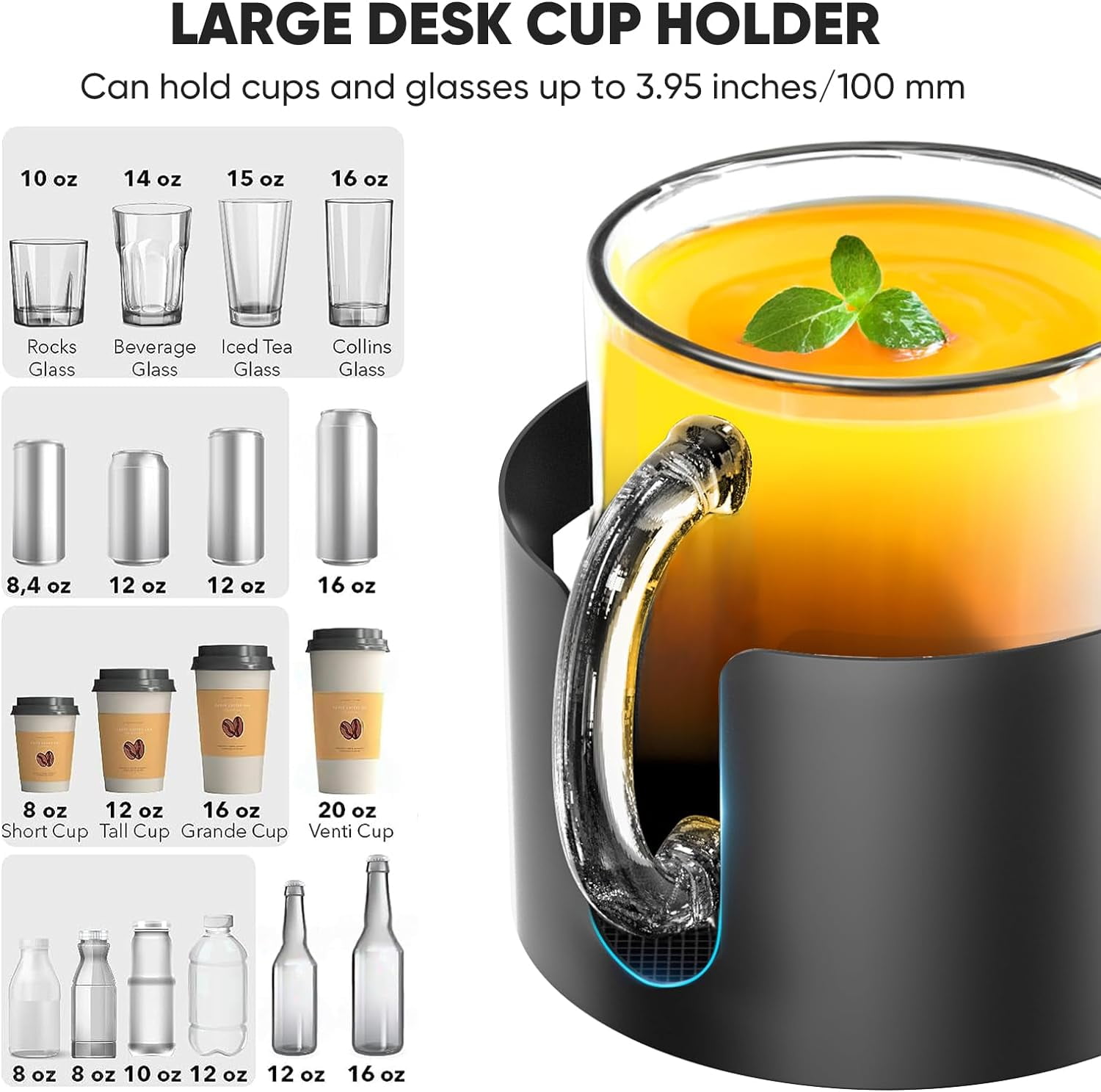 Upgraded Large Desk Cup Holder Clamp, Anti-Spill Table Cup Holder, Metal Office & PC Gaming Desk Accessories, Compatible with Universal Cup, Bottles, Pencil Holder (Black)