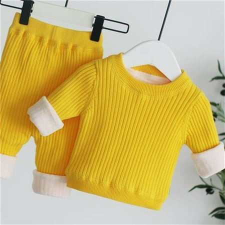 

2pcs/set Kids Ribbed Sweater Top and Sweater Pants Set Little Girls Boy Warm Fleece Loungewear Outfits Sets for Spring Fall Winter Yellow 2-3 Years