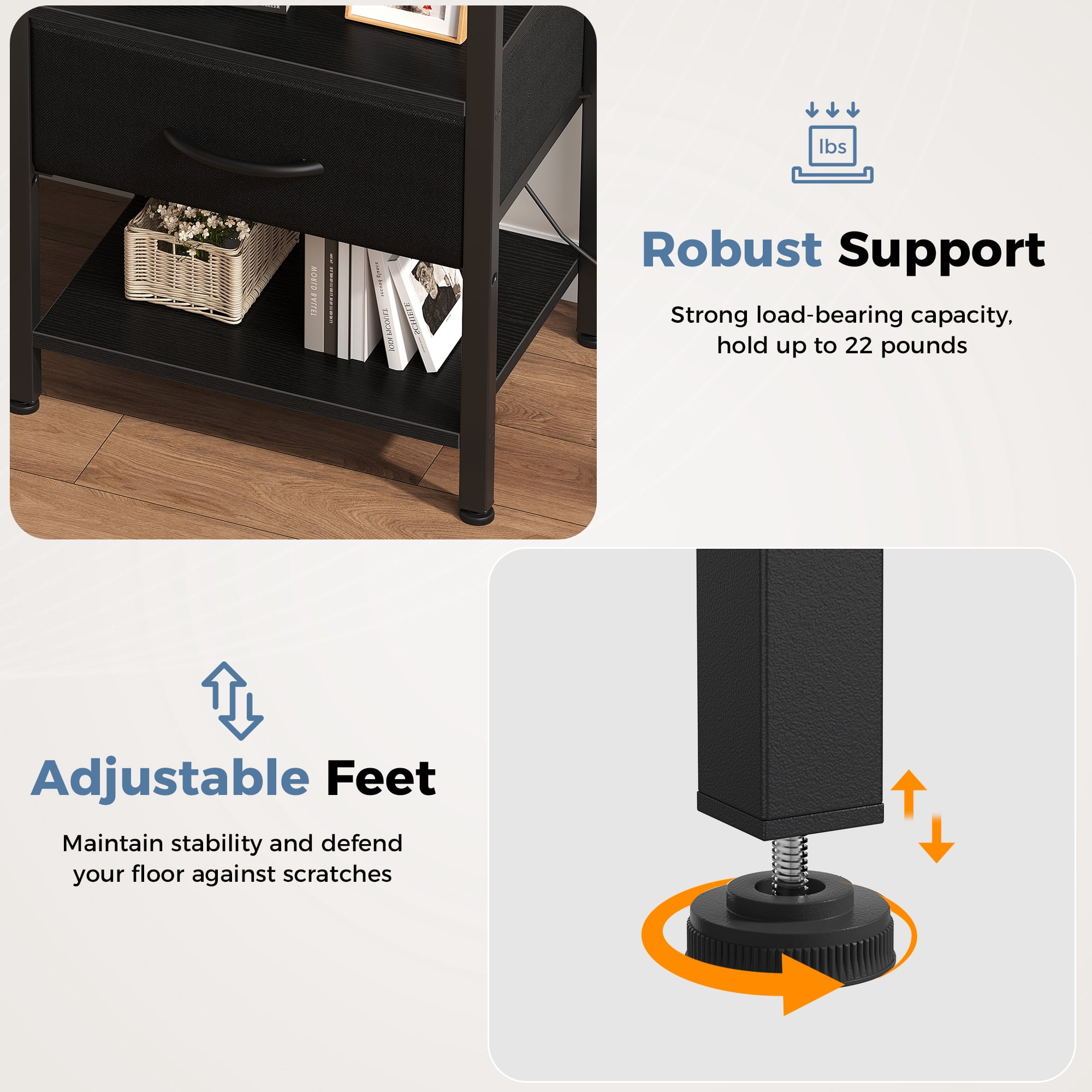 CONCETTA Set of 2 Small Night Stand with Charging Station, 1 Fabric Drawer, USB Ports and Outlets, Open Storage Shelf Bedside End Table for Bedroom, Black