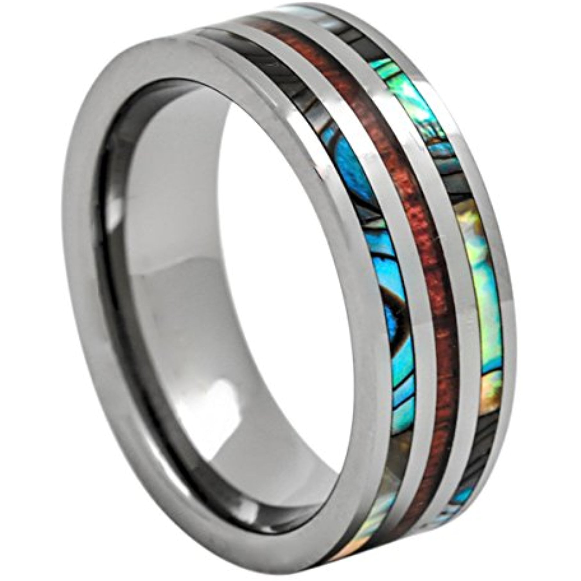 Tungsten Hawaiian Koa Wood and Abalone Ring 8mm Comfort Fit Band Flat Top Size 6 to 15 (9)