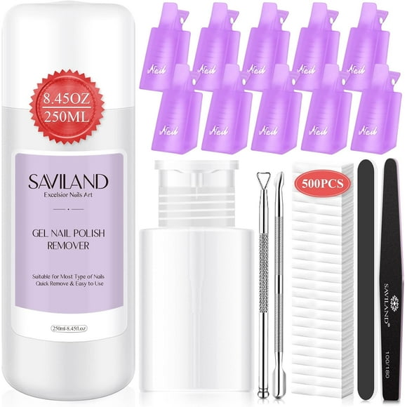 AIR-SAVILAND Gel Nail Polish Remover Kit - 250ML Non-Acetone Shellac Remover with Nail Clips, Nail Tools,Cuticle Pusher, 500PCS Cotton Pad Nail Removal Manicure Kit for Salon Home DIY