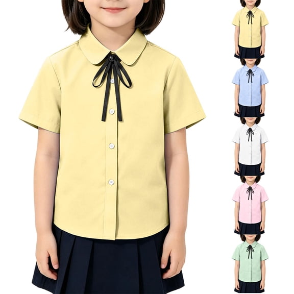 Girls School Uniform Shirts Short Sleeve Peter Pan Collar Blouse Cute Bow Tie Button Down Top for Kids Toddler Dress Shirt 3-12Y Cyan 120