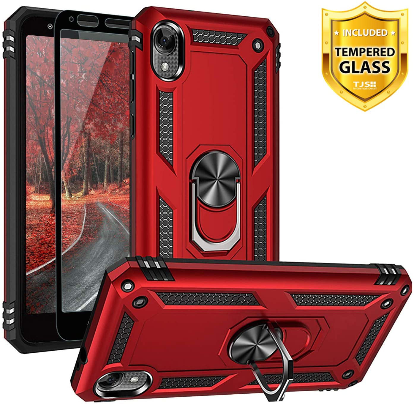 TJS Phone Case for Motorola Moto E6, [Full Coverage Tempered Glass Screen Protector][Impact Resistant][Defender][Metal Ring][Magnetic][Support] Heavy Duty Armor Phone Cover (Red)