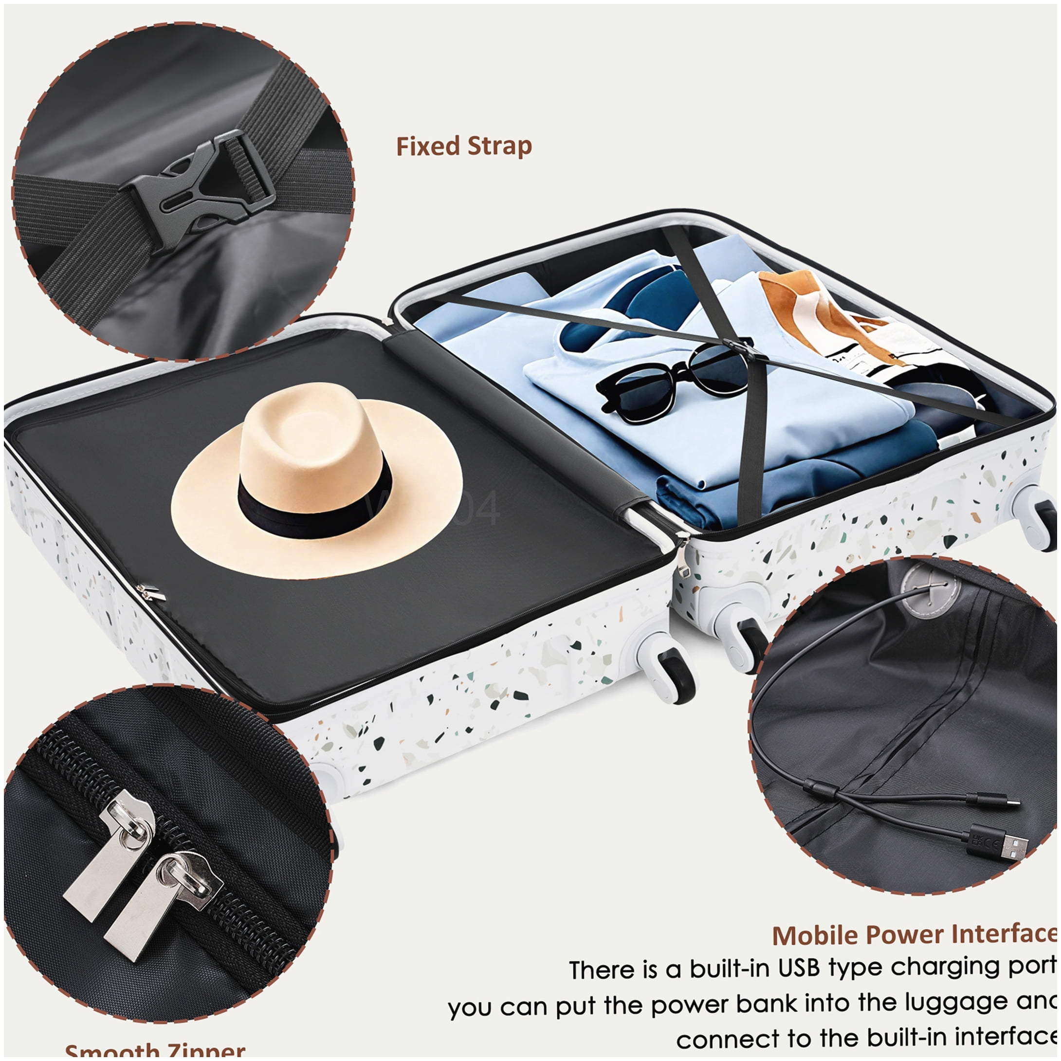 ABS PC Hard Shell Suitcase Set of 3 with USB, 20 Inch Carry On Luggage, 360° Spinner Wheels, White