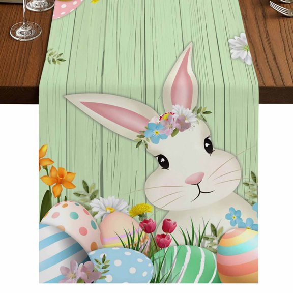 Table Runners 72 Inches Long Dress Scarves, Easter Bunny Farmhouse Kitchen Table Runner, Coffee Tablerunners, Farmhouse Colorful Eggs Tulip Wood Grain Green 14x72 Inch