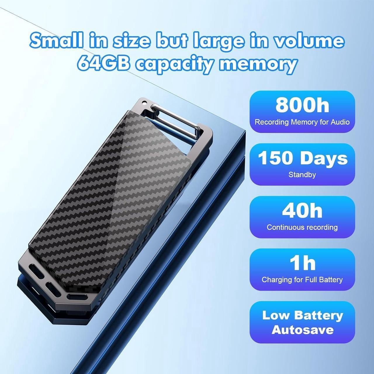64GB Digital Voice Recorder with Bluetooth - Voice Activated Keychain Audio Recording Device - 800 Hours Capacity for Classes, Interviews, Meetings, Music