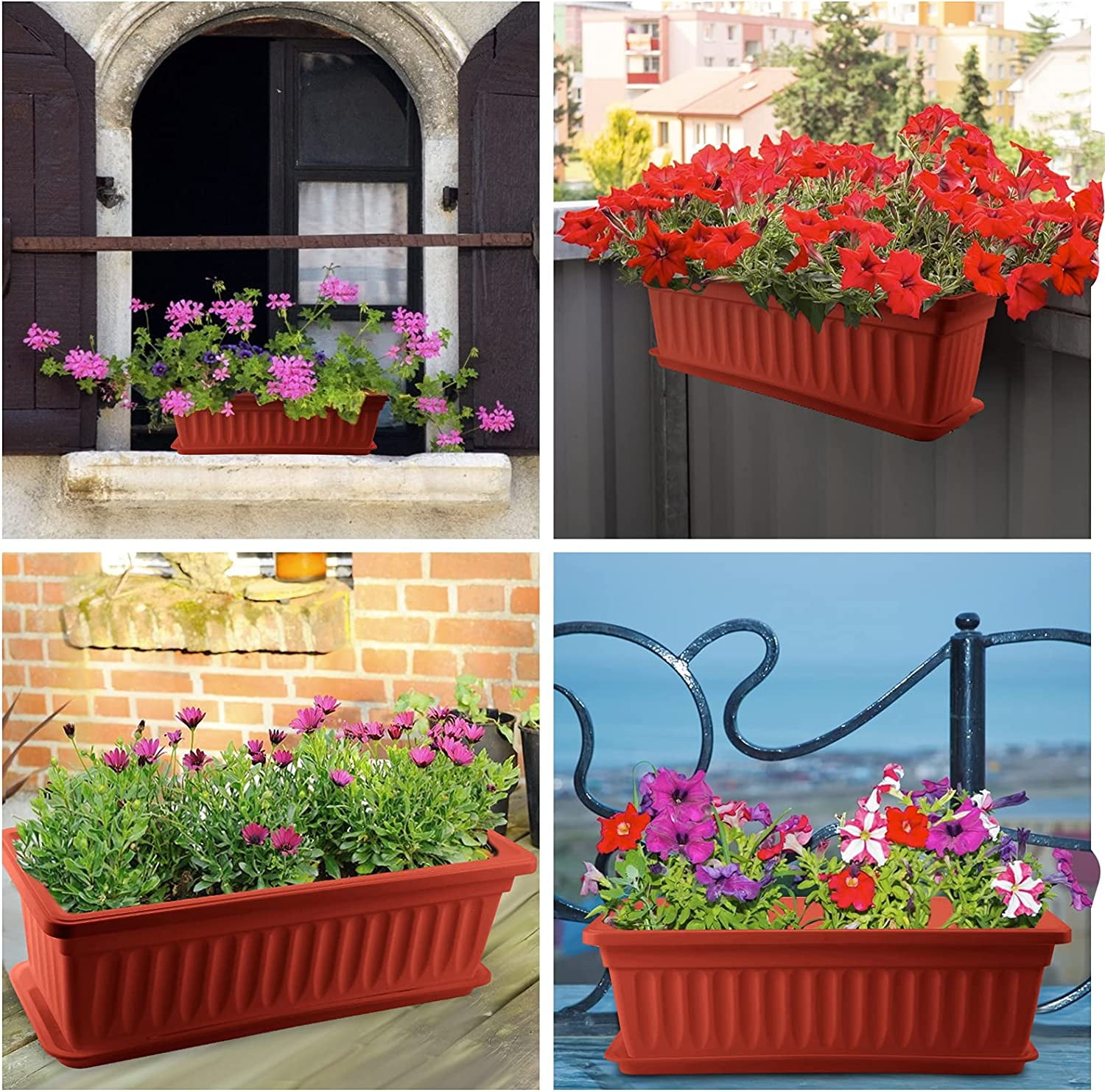 Flower Planters 17 Inches Plastic Vegetable Plant Pot Rectangular Planters with Trays for Windowsill, Patio, Porch, Garden, Home Decor (Red) 3 Pack