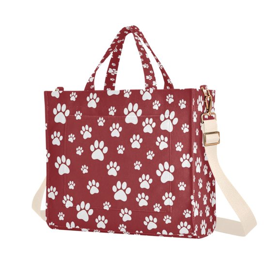 FORMRS Womens Corduroy Tote Bag Crossbody Shoulder Purse Handbag with Detachable Strap, Red Cartoon Paws Pattern