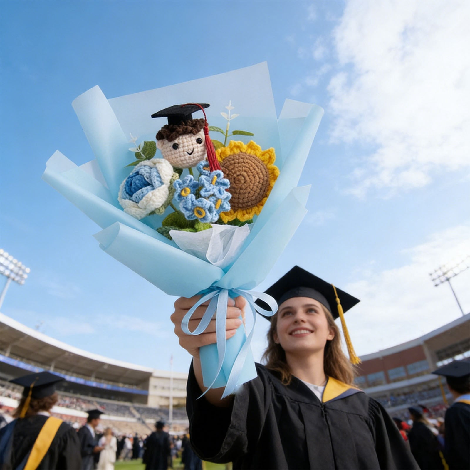 Graduation Crochet Flowers Bouquet, Handmade Knitted Grad Gift, Artificial Preserved Flowers, Teacher Appreciation Home Decor, Sunflower Rose Bouquet, Birthday Anniversary Gift