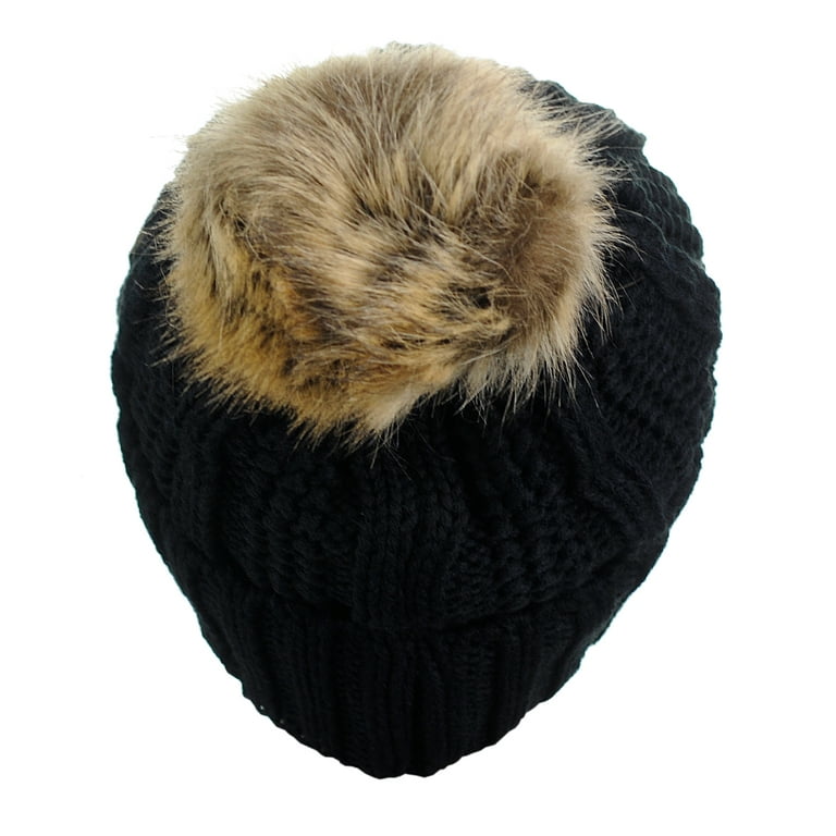 Black Cableknit Faux Fur Pom Hat Hats & Headwear