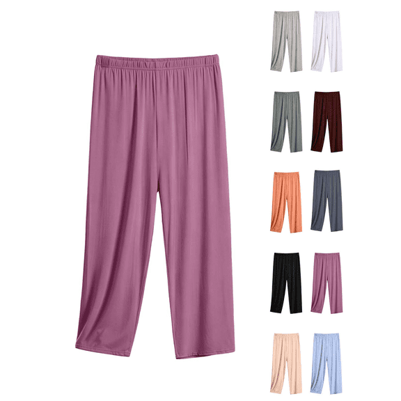 Liuinsasek Women's Plus Size Pajama Pants Casual Solid Color Stretchy Cropped Pants Lightweight Simple Comforty Lounge Pants for Summer