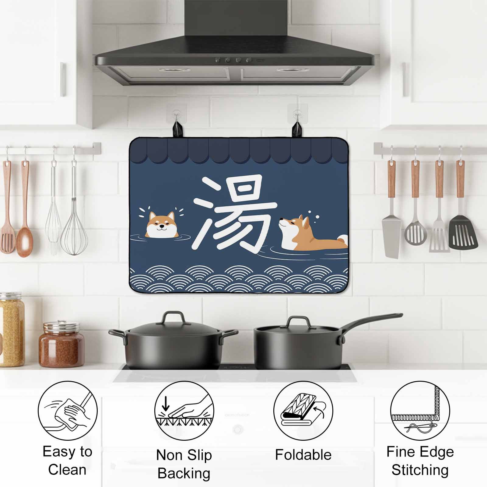 Navy Blue Cute Puppy Stove Top Cover for Electric Stove, Heat-proof & Non Slip Glass Top Stove Cover Protector, Modern Abstract Dog Bathing Kitchen Flat Cooktop Rubber Mat 24x21 Inches