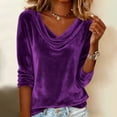 thumbnail image 2 of Ladies Velvet Elegant Drape Front Pleated Collar Three Quarter Sleeve Shirt Blouse Top Loose Fit Holiday Party Cocktail Christmas Festive Gift for Women | CSEONE,Purple L, 2 of 9