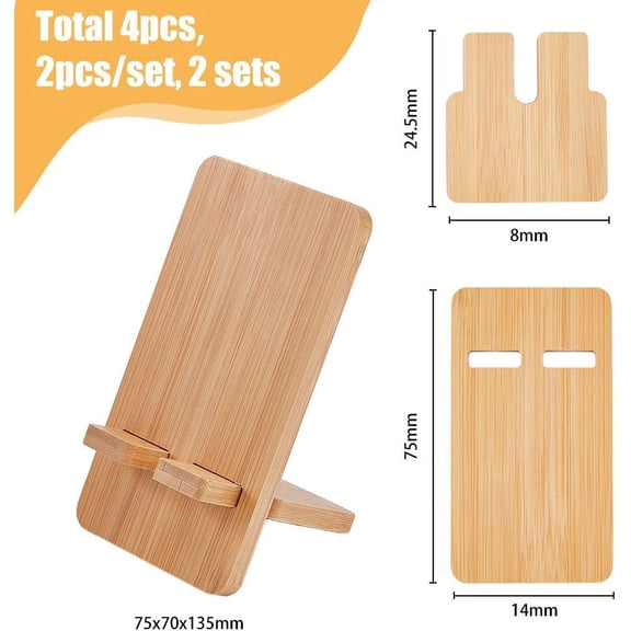2Sets Bamboo Cell Phone Stand Holder with Charging Port Eco-Friendly Universal Portable Sturdiness Holder for Desktop Compatible Smartphones Tablets