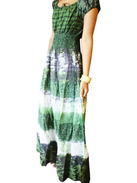 Mogul Women Maxi Dress, Stylish SUMMER Dress, off shoulder Empire Waist Tiered Green Beach Summer Sundress M