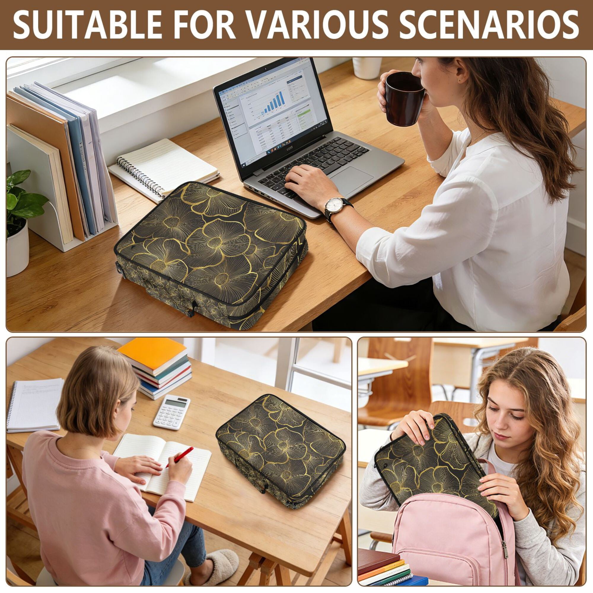 FORMRS Accordion File Folder A4 Size 7-Pocket Expanding Document Organizer Bag with 3 Ring Binder, Black Flower Pattern