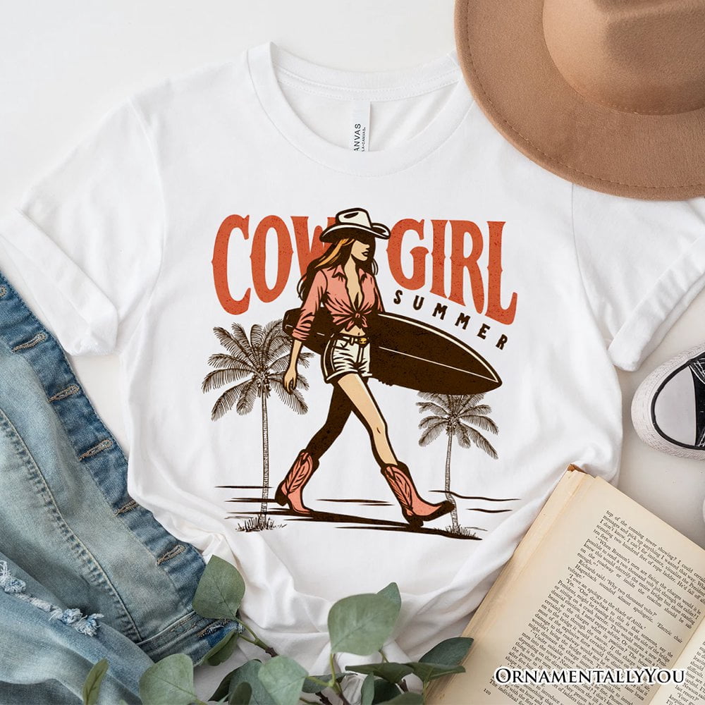 Cowgirl Summer Surf T-Shirt, Retro Western Beach White and Natural Tee for Free-Spirited Women