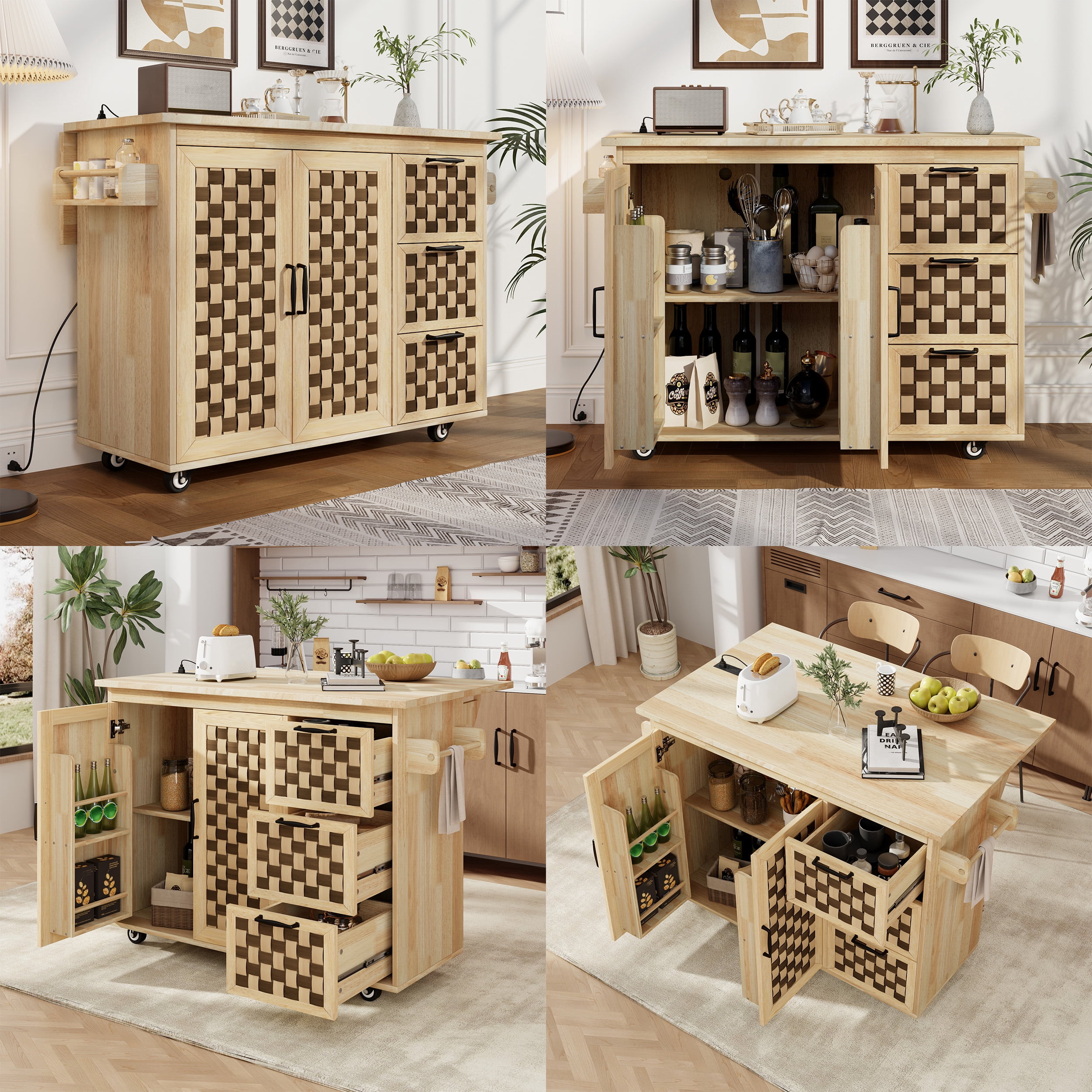 Euroco Vintage Style Kitchen Island with Drop Leaf, Storage Cabinets, Built-in Power Outlet – Mobile Kitchen Cart with Checkerboard Design, Drawers, Adjustable Shelves & Lockable Wheels – 53.2” Wide