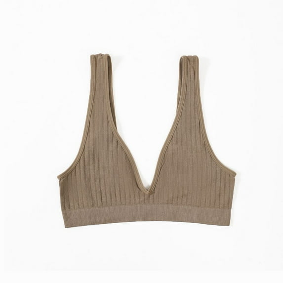 Women Girls Yoga Tops Breathable Wire Free Seamless Bra Sleeping Bralette Vest Deep V KHAKI M