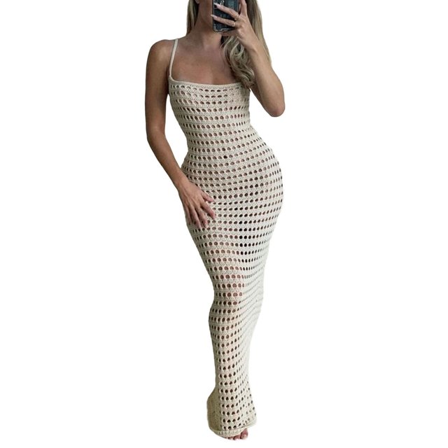 Txlixc Vestido de Tirantes para Mujer, Vestido de Playa con Agujeros de Punto de Corte Bajo Liso, Vestido Largo Delgado de Verano para Mujer de una Pieza Txlixc Moda
