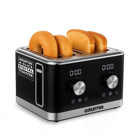 Gourmia 4 Slice Toaster, 6 Browning Levels, Dual Independent Controls, Bagel, Defrost, Reheat Modes