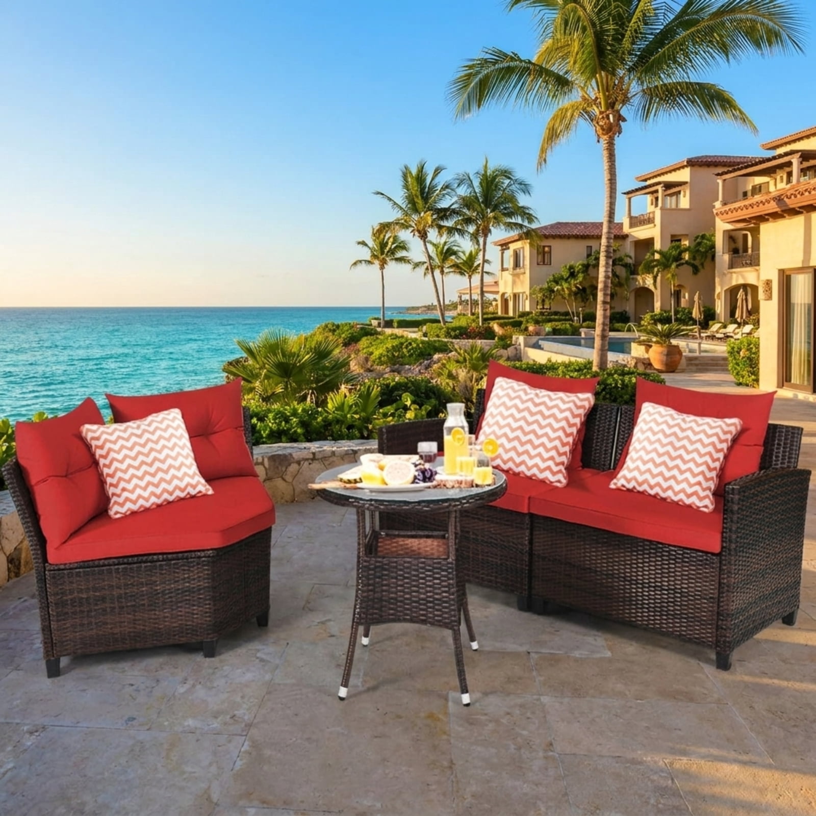 Furnibear 4 Pieces Outdoor Cushioned Rattan Furniture Set Patio Conversation Set with Loveseat Two Armchairs and Table for Backyard, Red